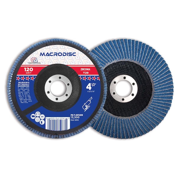 Continental Abrasives 4-1/2" x 7/8" 120 Grit T29 Zirconia Standard Flap Disc F-4511209 - main
